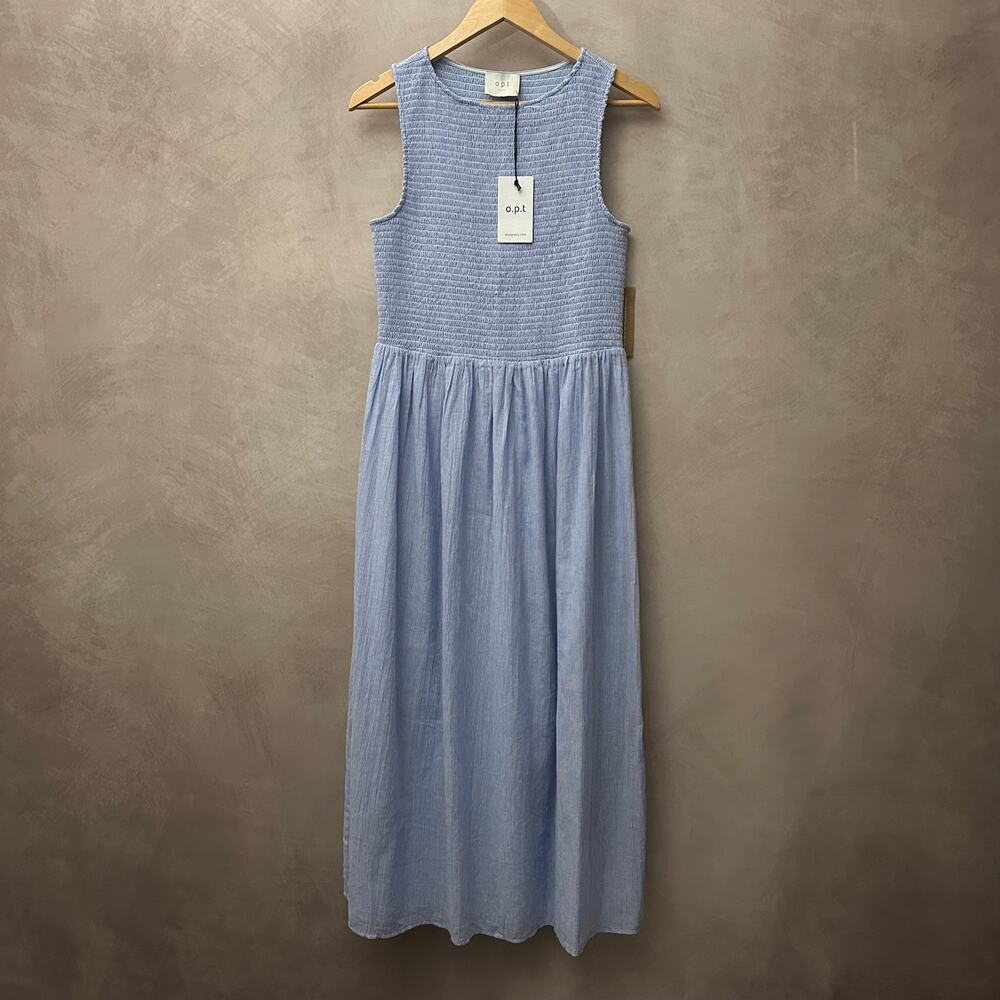 OPT Light Blue Textured Smocked Bodice Sleeveless Striped Cotton Midi Dress L